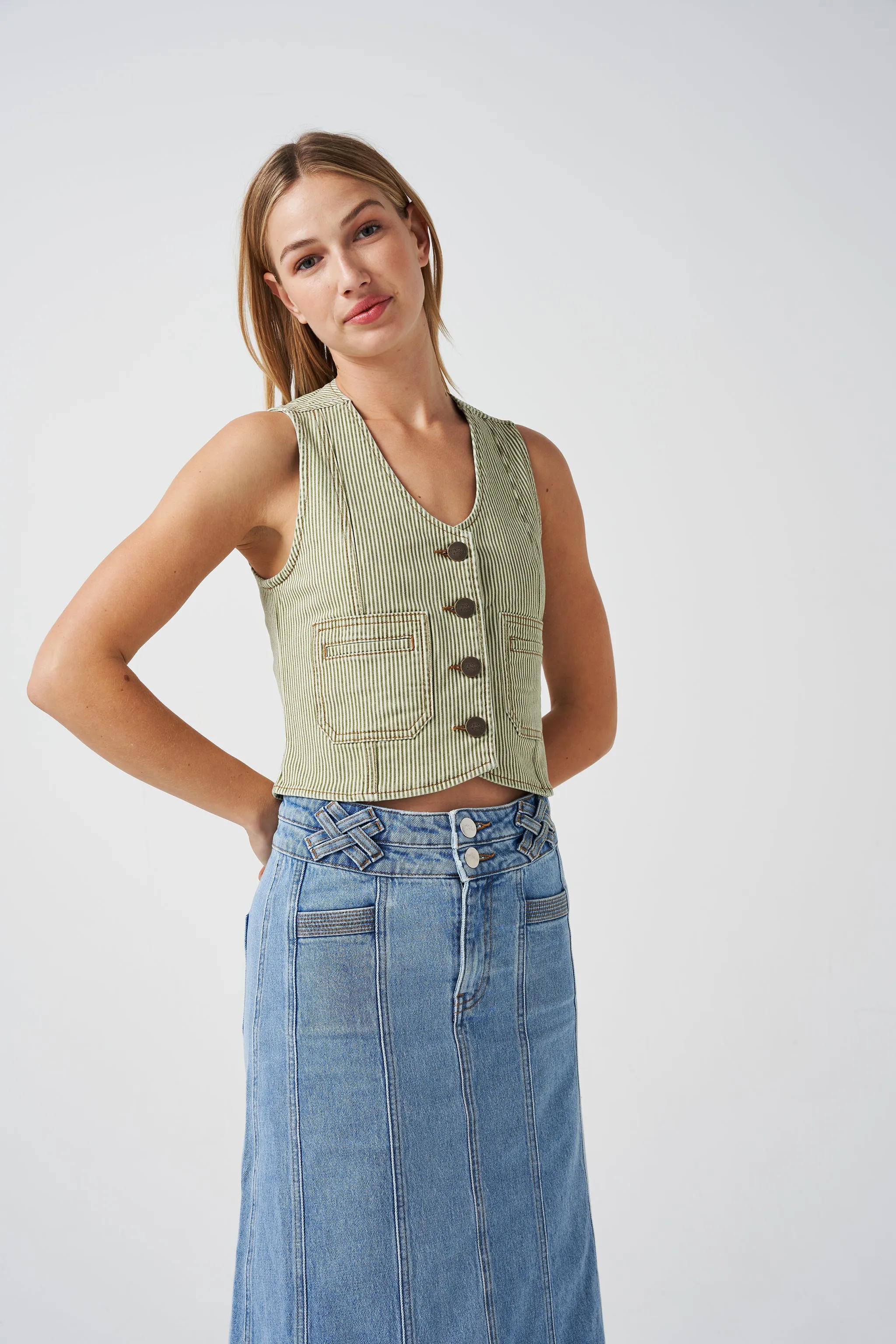 Bea Vest in Khaki Stripe