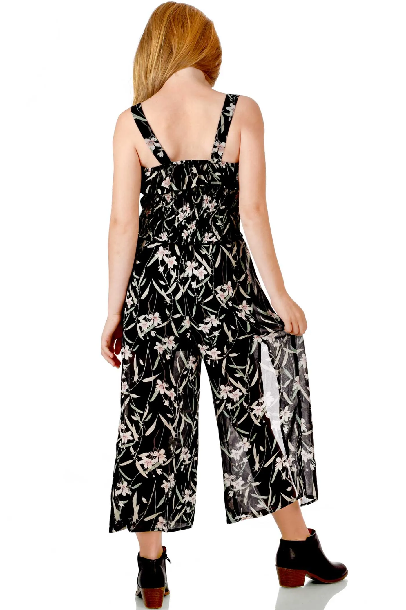 Big Girls Floral Print Chiffon Jumpsuit with Front Slits