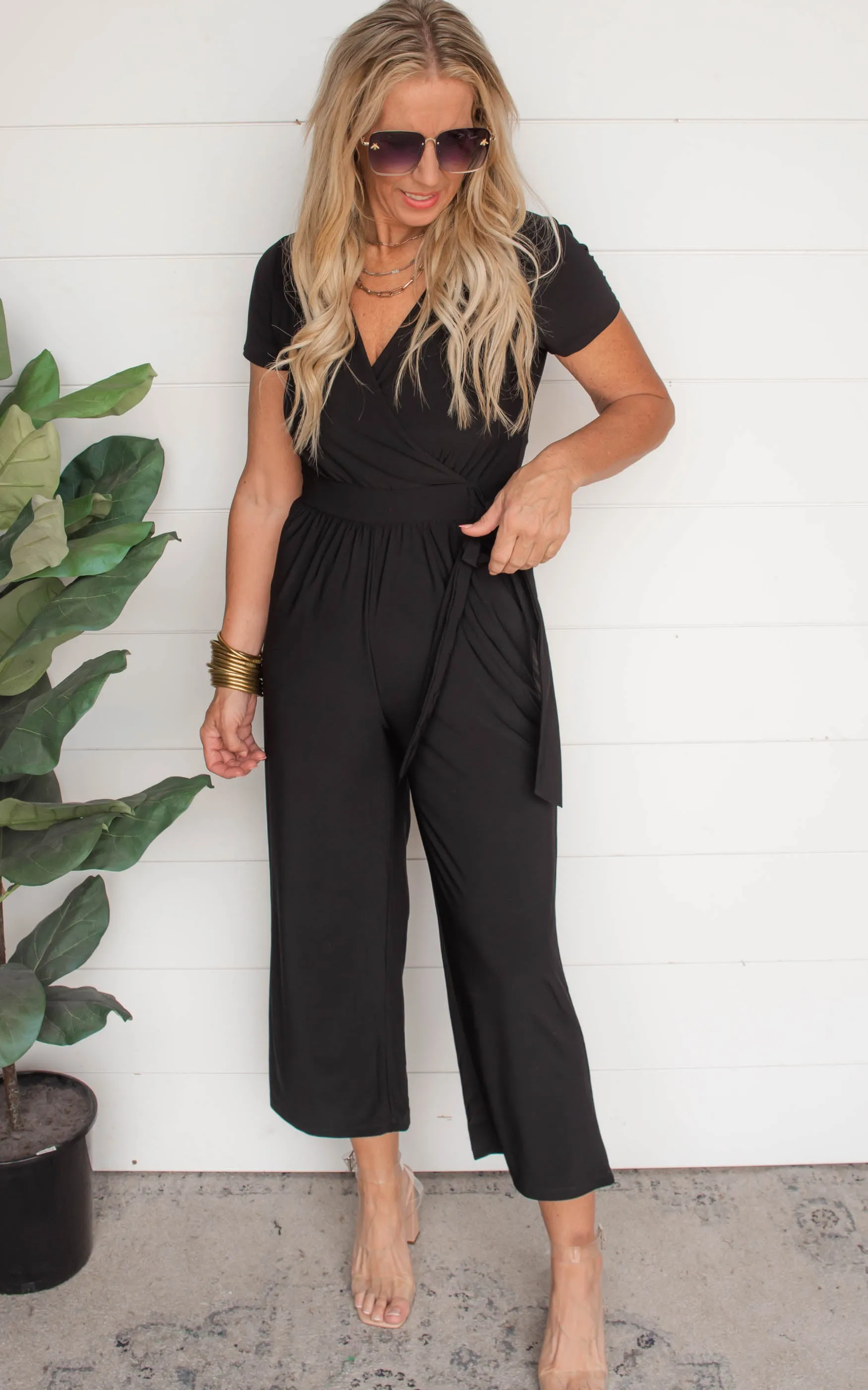 Black Surplice Cropped Jumpsuit w/ Faux Wrap | FINAL SALE