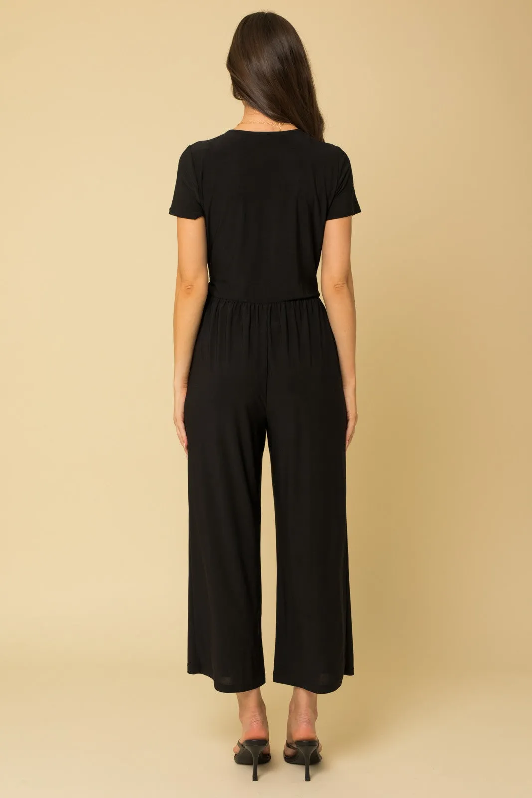 Black Surplice Cropped Jumpsuit w/ Faux Wrap | FINAL SALE