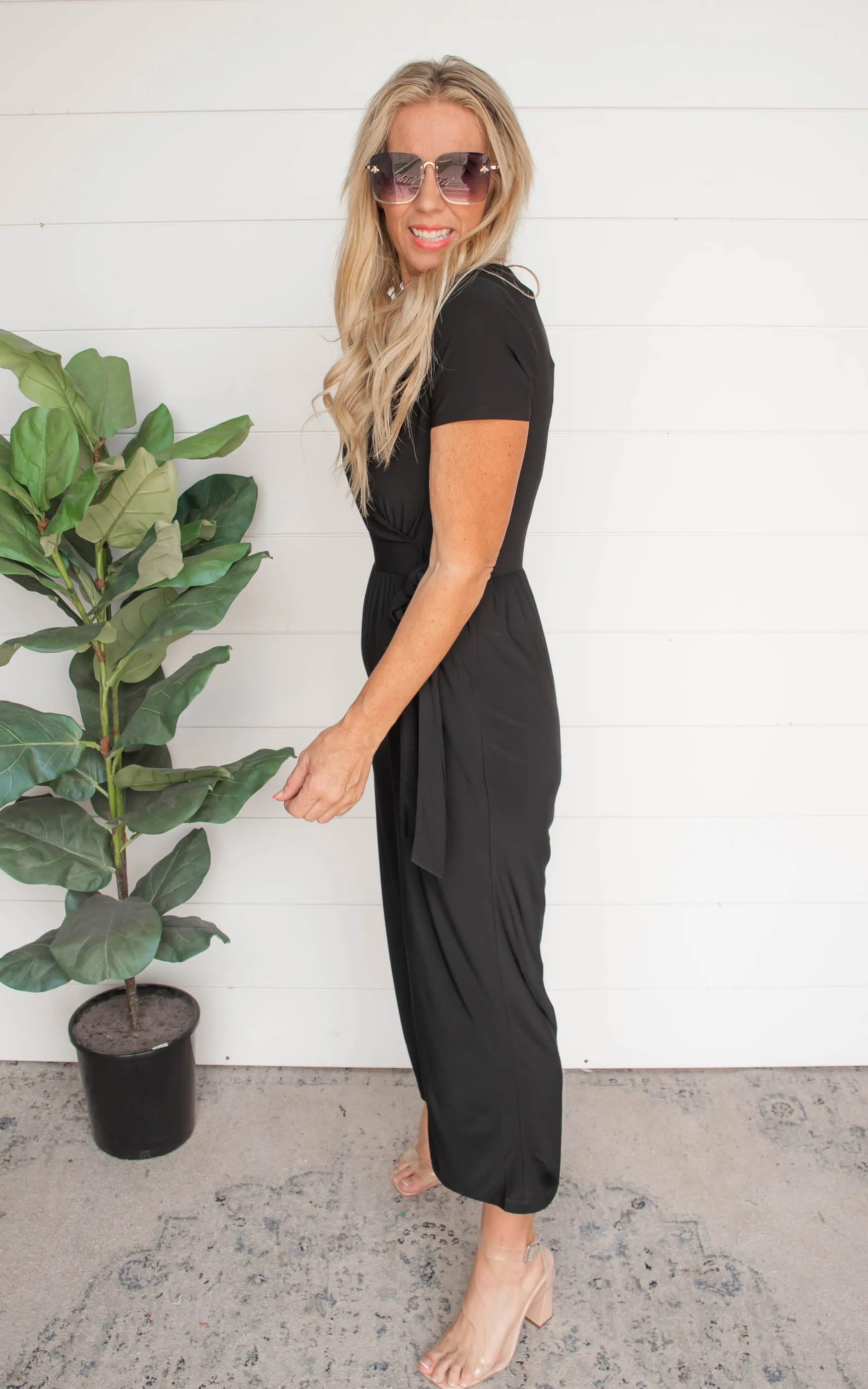 Black Surplice Cropped Jumpsuit w/ Faux Wrap | FINAL SALE
