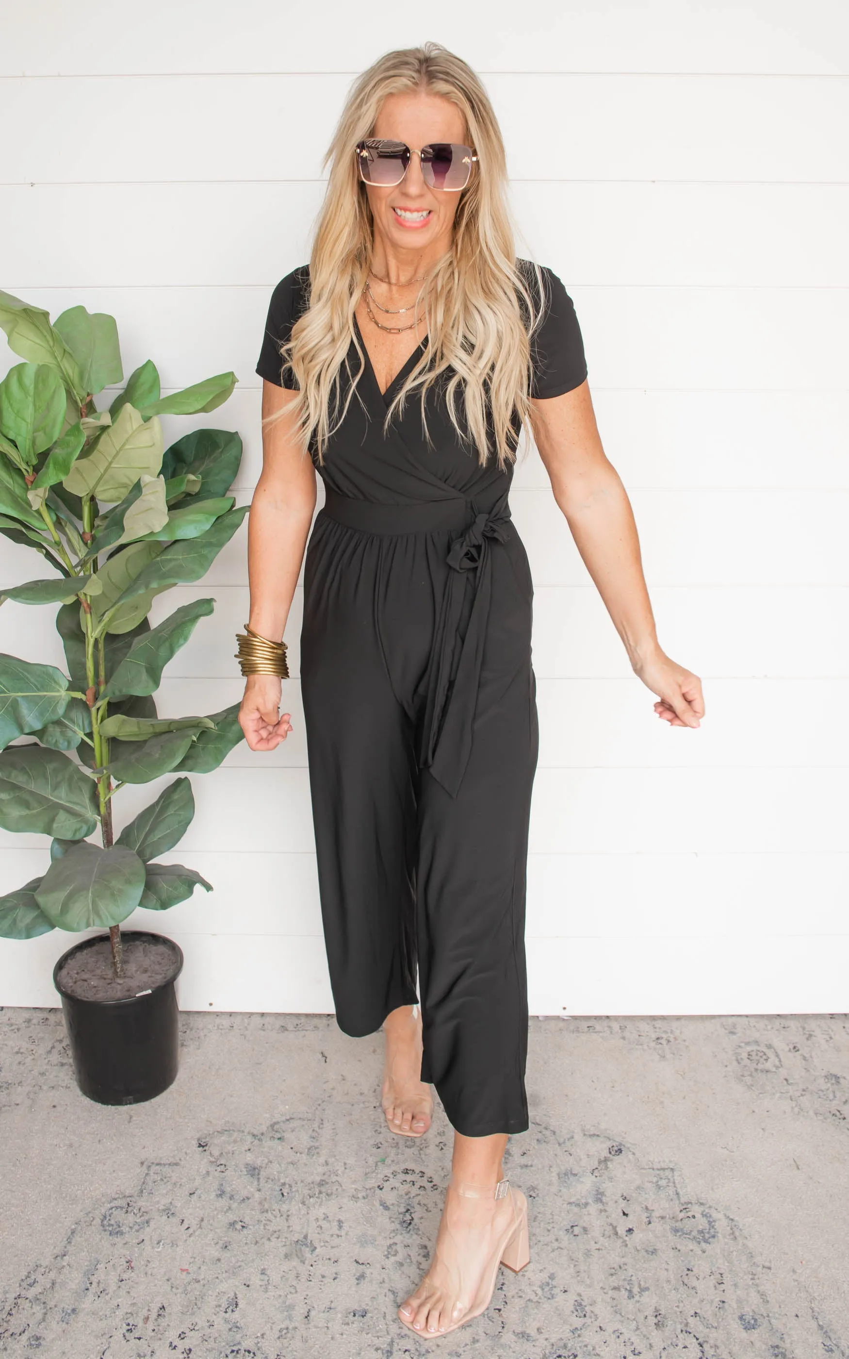 Black Surplice Cropped Jumpsuit w/ Faux Wrap | FINAL SALE