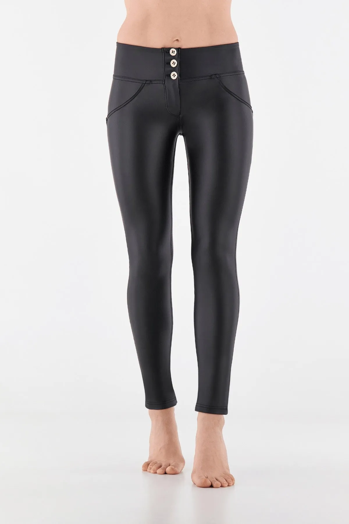 Faux Leather 3 Button High Waist Full Length