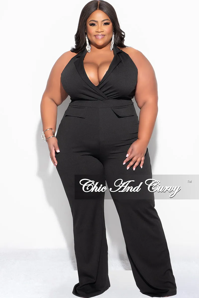 Final Sale Plus Size Faux Wrap Halter Jumpsuit in Black