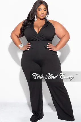 Final Sale Plus Size Faux Wrap Halter Jumpsuit in Black