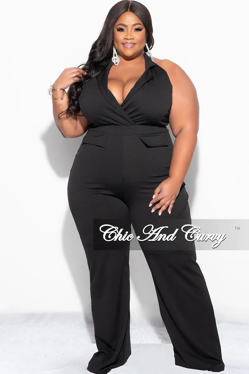 Final Sale Plus Size Faux Wrap Halter Jumpsuit in Black