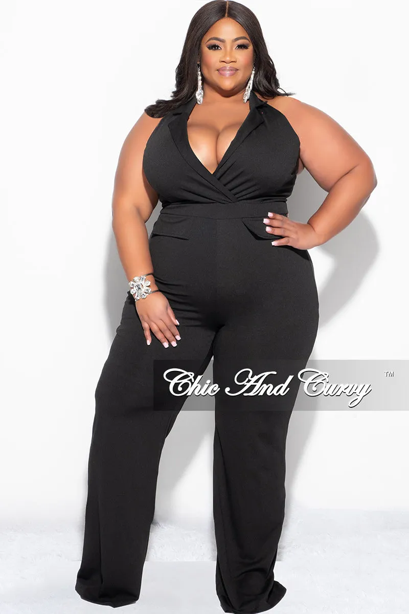 Final Sale Plus Size Faux Wrap Halter Jumpsuit in Black