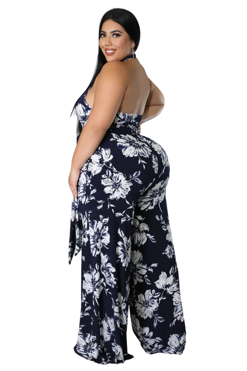 Final Sale Plus Size Faux Wrap Halter Jumpsuit with Waist Tie in Navy and White Floral Print