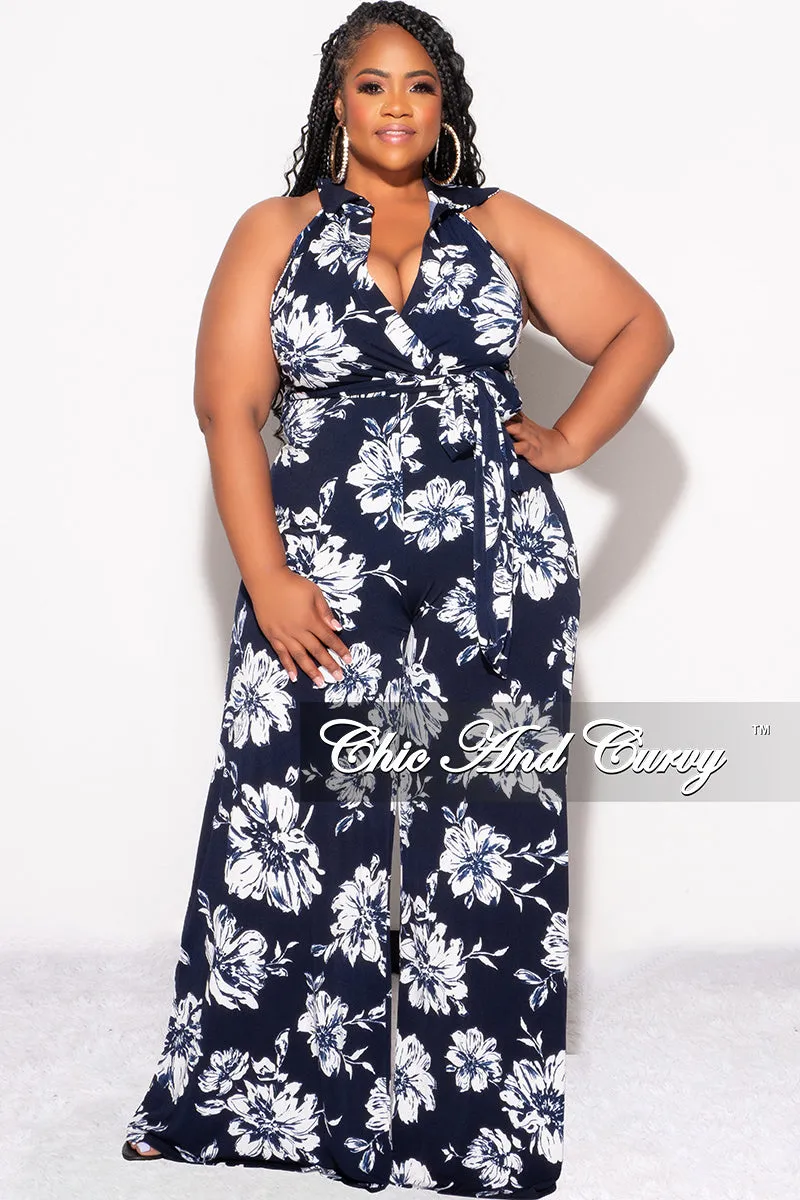 Final Sale Plus Size Faux Wrap Halter Jumpsuit with Waist Tie in Navy and White Floral Print