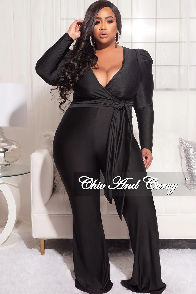 Final Sale Plus Size Faux Wrap Jumpsuit with Tie in Black