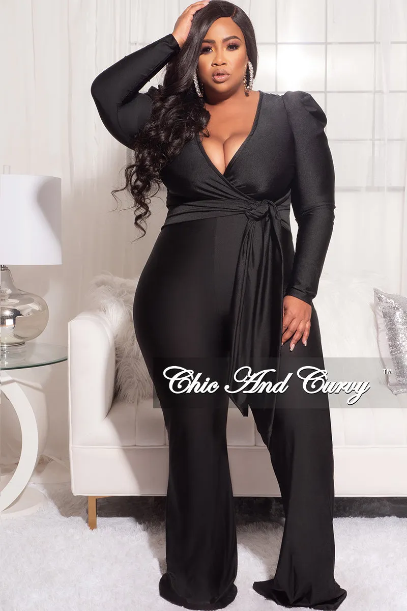 Final Sale Plus Size Faux Wrap Jumpsuit with Tie in Black