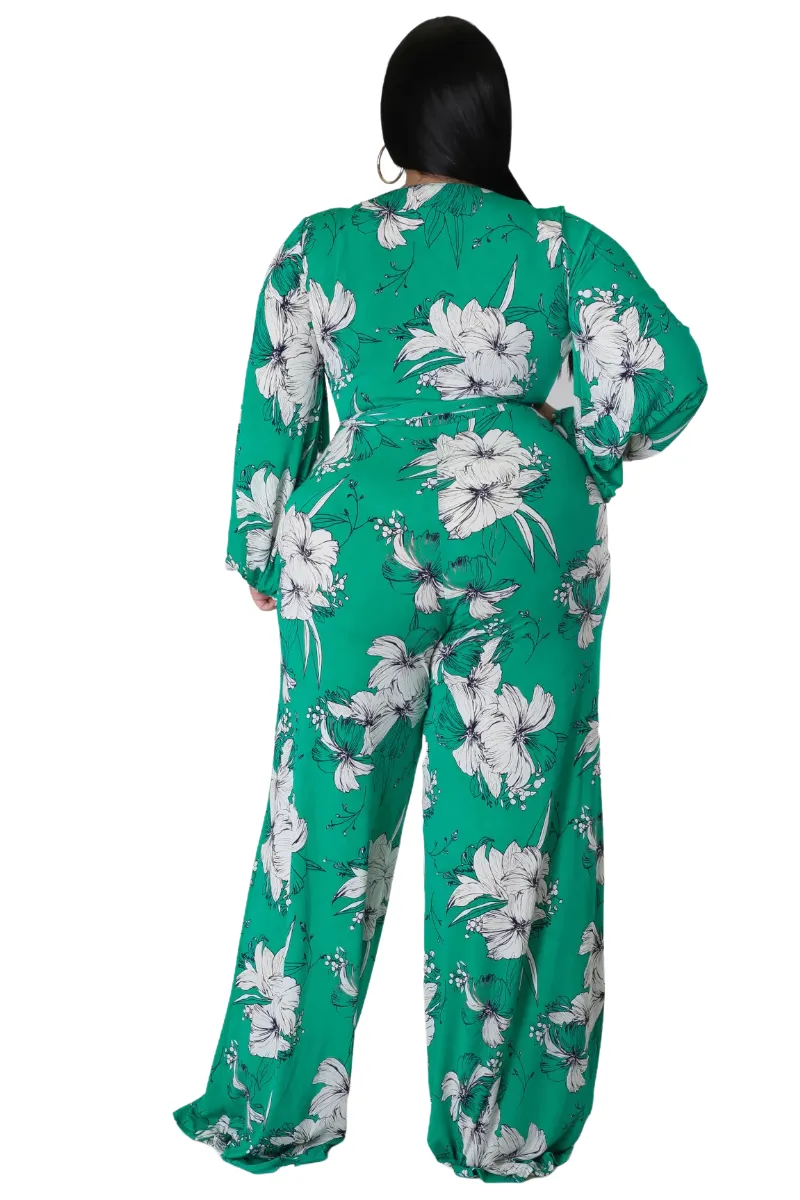 Final Sale Plus Size Faux Wrap Jumpsuit with Waist Tie in Green and White Floral Print