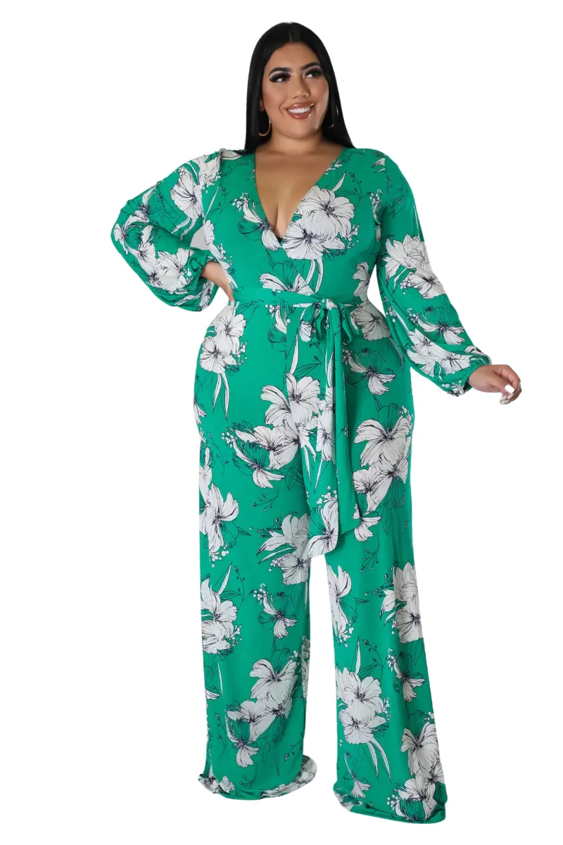 Final Sale Plus Size Faux Wrap Jumpsuit with Waist Tie in Green and White Floral Print