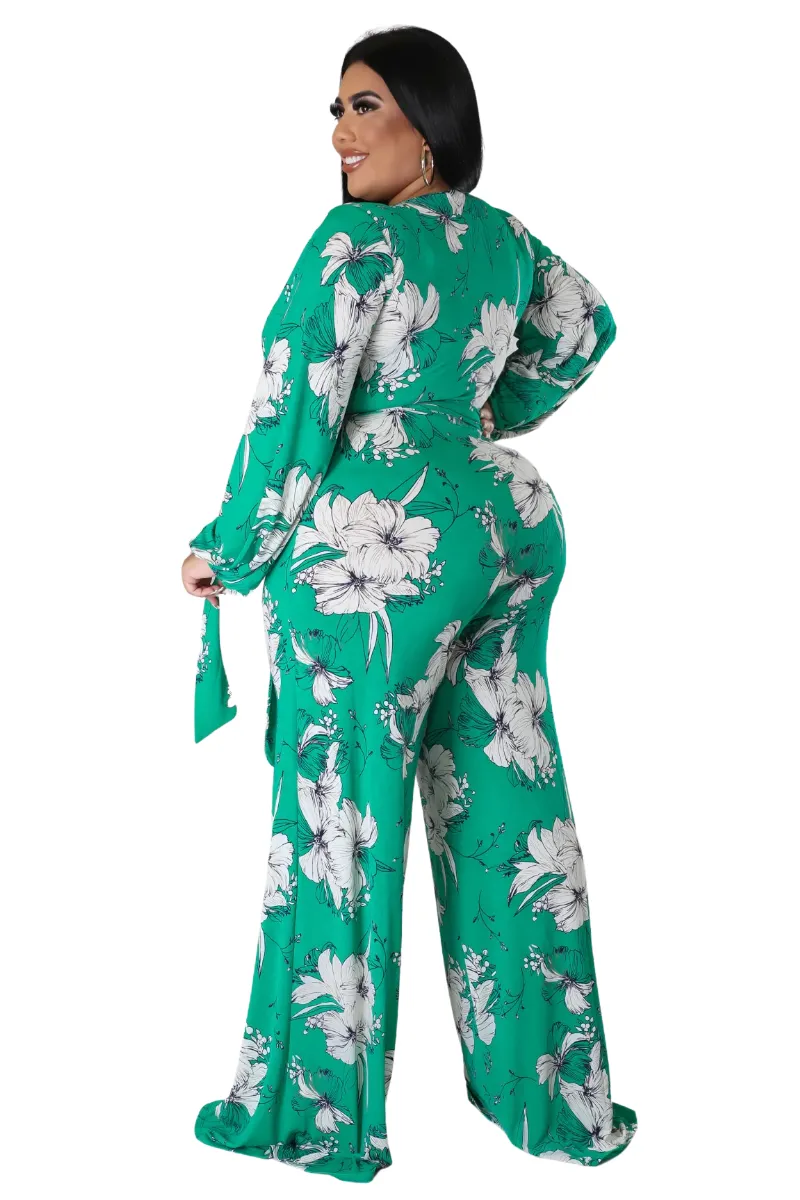 Final Sale Plus Size Faux Wrap Jumpsuit with Waist Tie in Green and White Floral Print