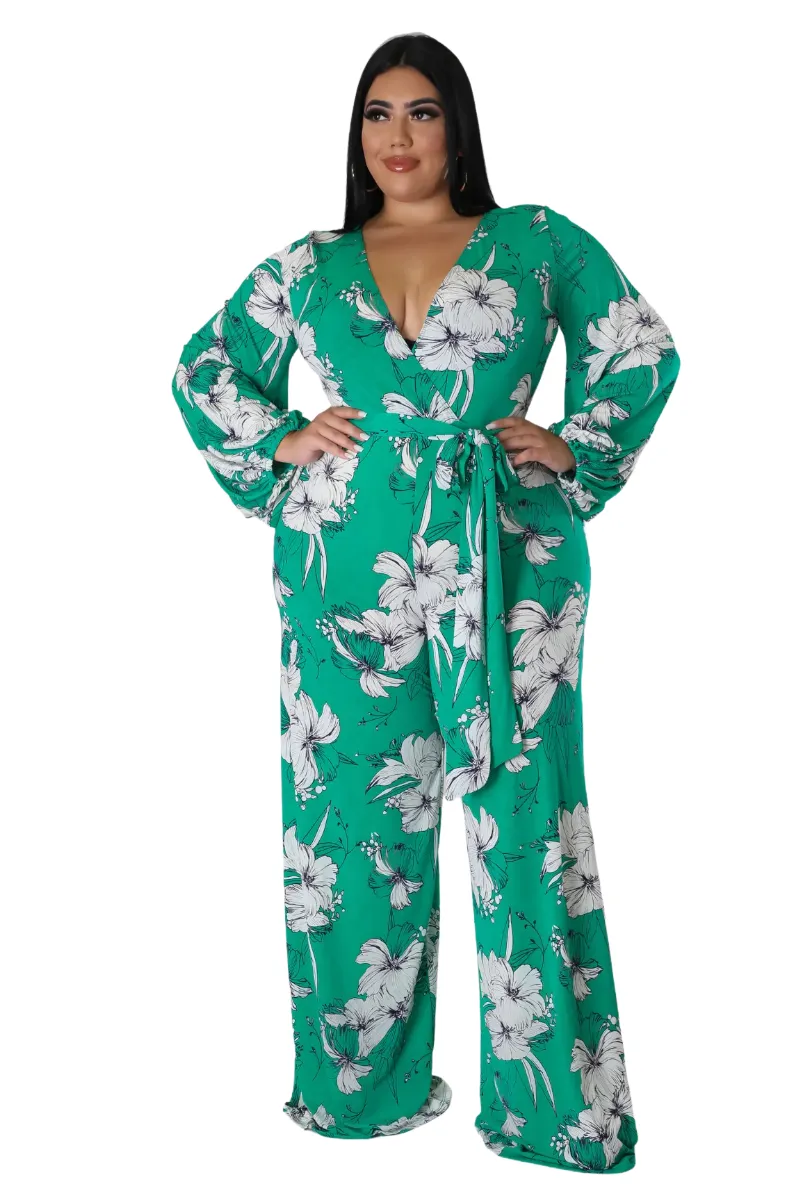 Final Sale Plus Size Faux Wrap Jumpsuit with Waist Tie in Green and White Floral Print