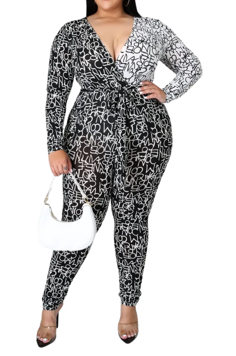 Final Sale Plus Size Jumpsuit with Faux Wrap in 1/4 Black Letter Print