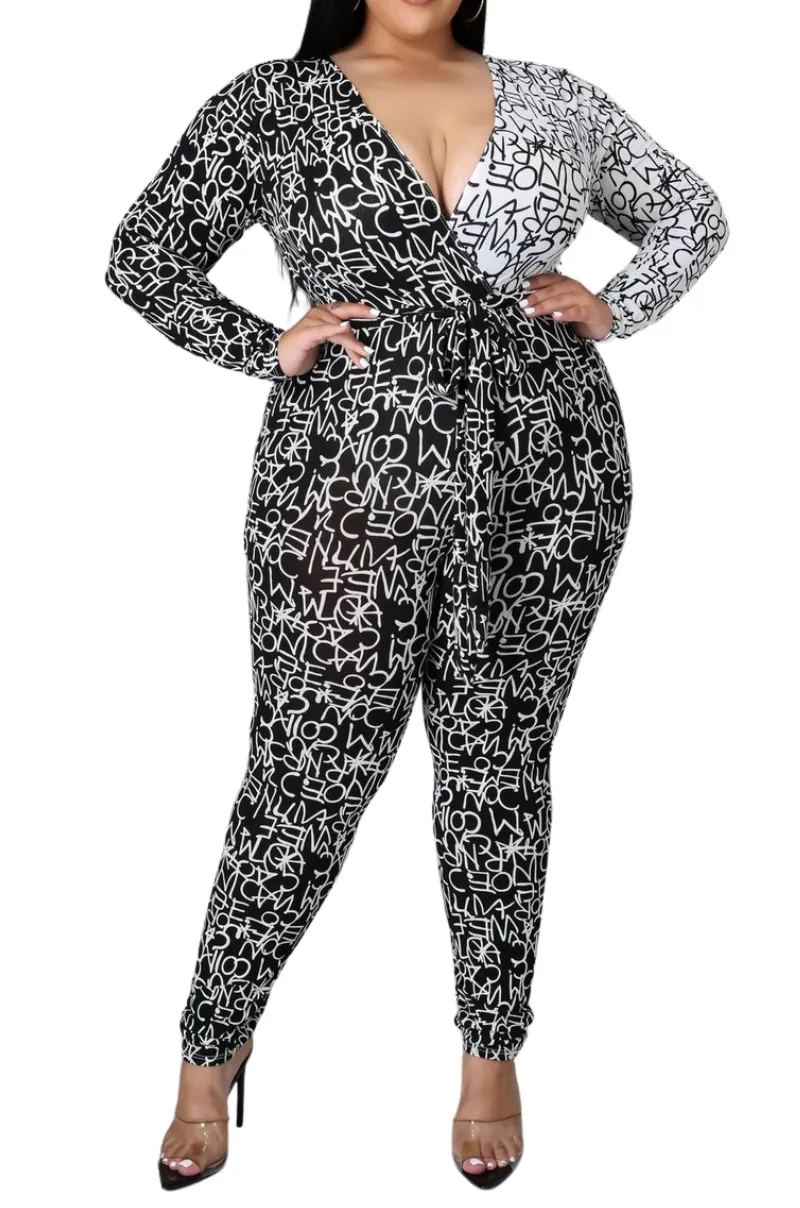 Final Sale Plus Size Jumpsuit with Faux Wrap in 1/4 Black Letter Print