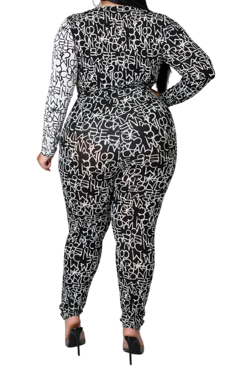 Final Sale Plus Size Jumpsuit with Faux Wrap in 1/4 Black Letter Print