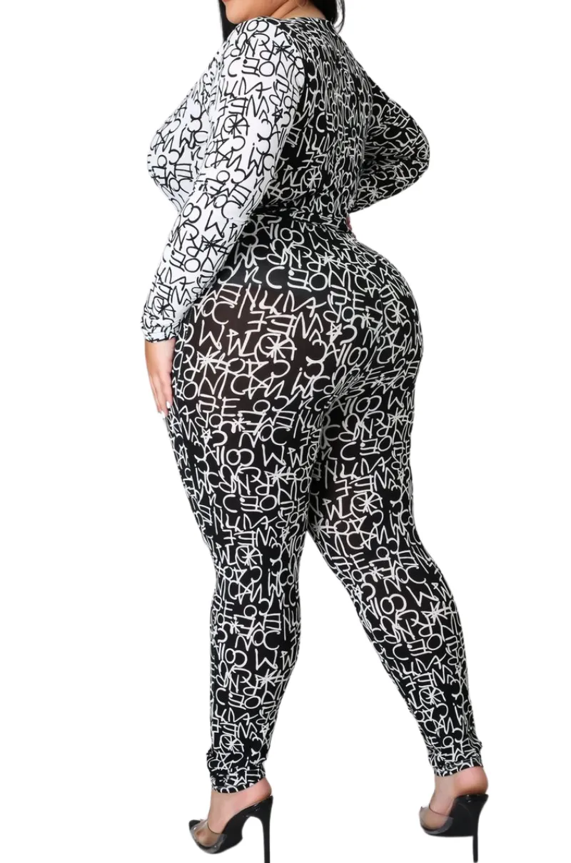Final Sale Plus Size Jumpsuit with Faux Wrap in 1/4 Black Letter Print
