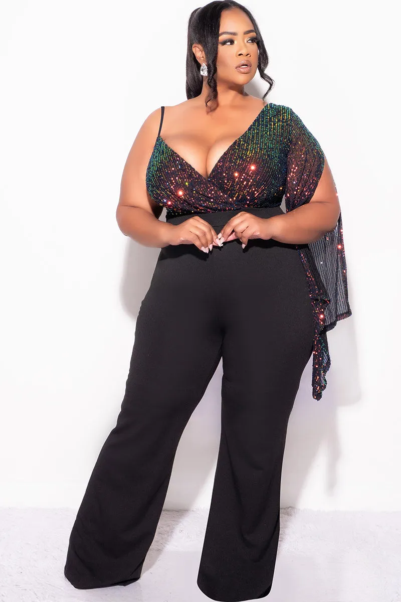 Final Sale Plus Size Multi Color Sequin Faux Wrap One Shoulder Jumpsuit with Slit Sleeve in Black