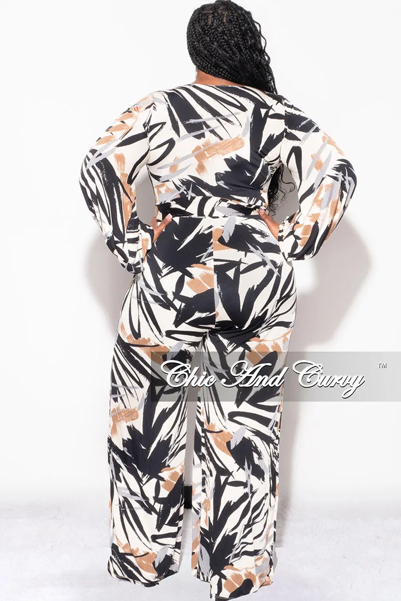 Final Sale Plus Size Ribbed Faux Wrap Tie Jumpsuit in Black Brown and Tan Design Print