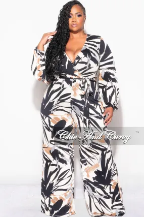 Final Sale Plus Size Ribbed Faux Wrap Tie Jumpsuit in Black Brown and Tan Design Print