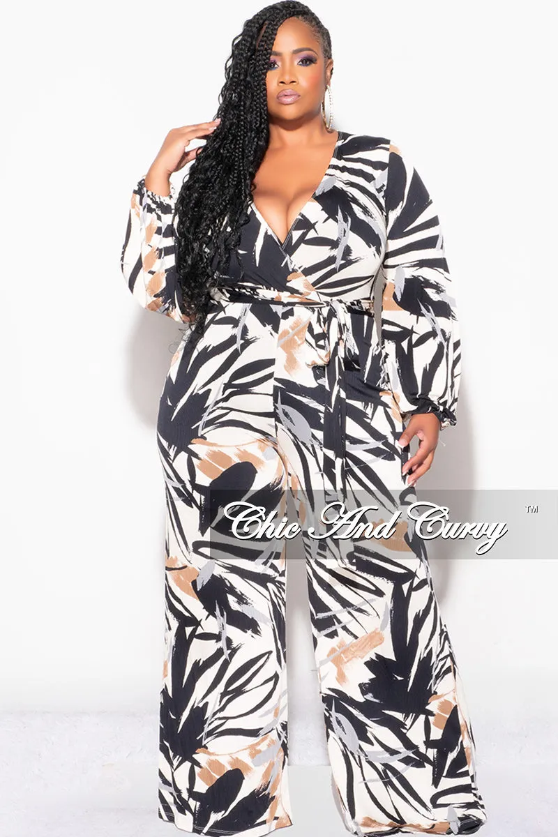 Final Sale Plus Size Ribbed Faux Wrap Tie Jumpsuit in Black Brown and Tan Design Print