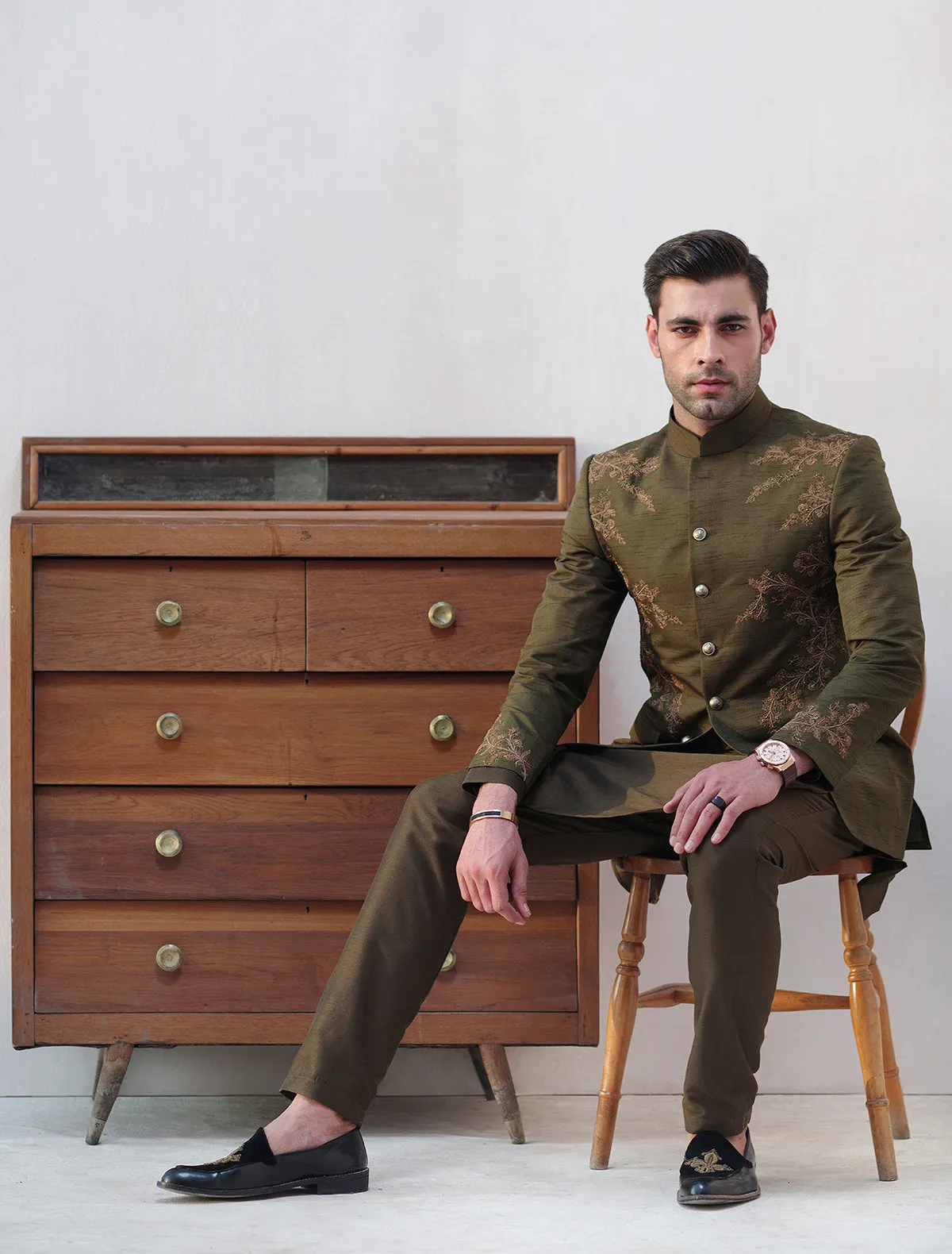 GREEN RAWSILK PRINCE COAT WITH  HAND EMBROIDEREY ON FRONT BACK & SLEEVES