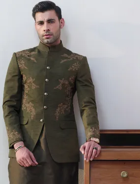 GREEN RAWSILK PRINCE COAT WITH  HAND EMBROIDEREY ON FRONT BACK & SLEEVES