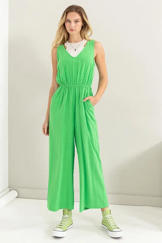 Green Sleeveless Linen Jumpsuit