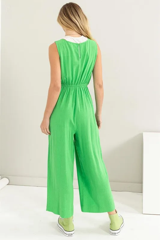Green Sleeveless Linen Jumpsuit