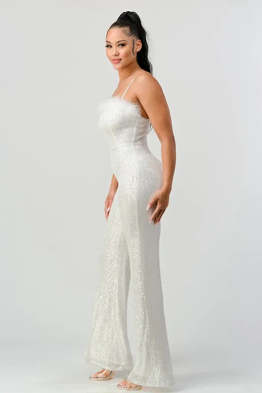 Ivory Lux Faux Fur Edge Sequins Bodycon Jumpsuit