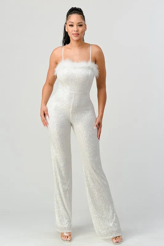 Ivory Lux Faux Fur Edge Sequins Bodycon Jumpsuit