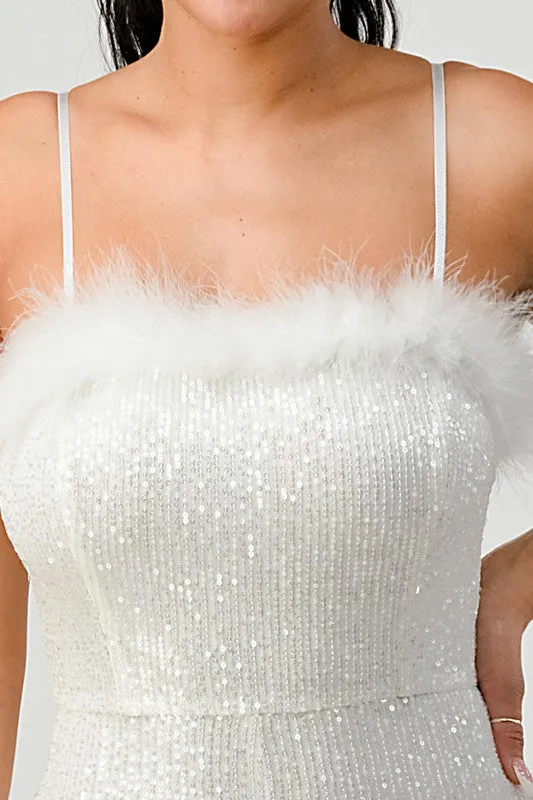Ivory Lux Faux Fur Edge Sequins Bodycon Jumpsuit