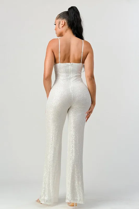 Ivory Lux Faux Fur Edge Sequins Bodycon Jumpsuit
