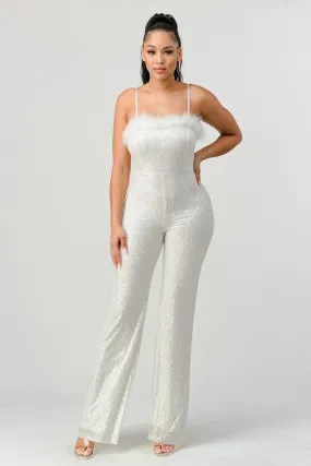 Ivory Lux Faux Fur Edge Sequins Bodycon Jumpsuit