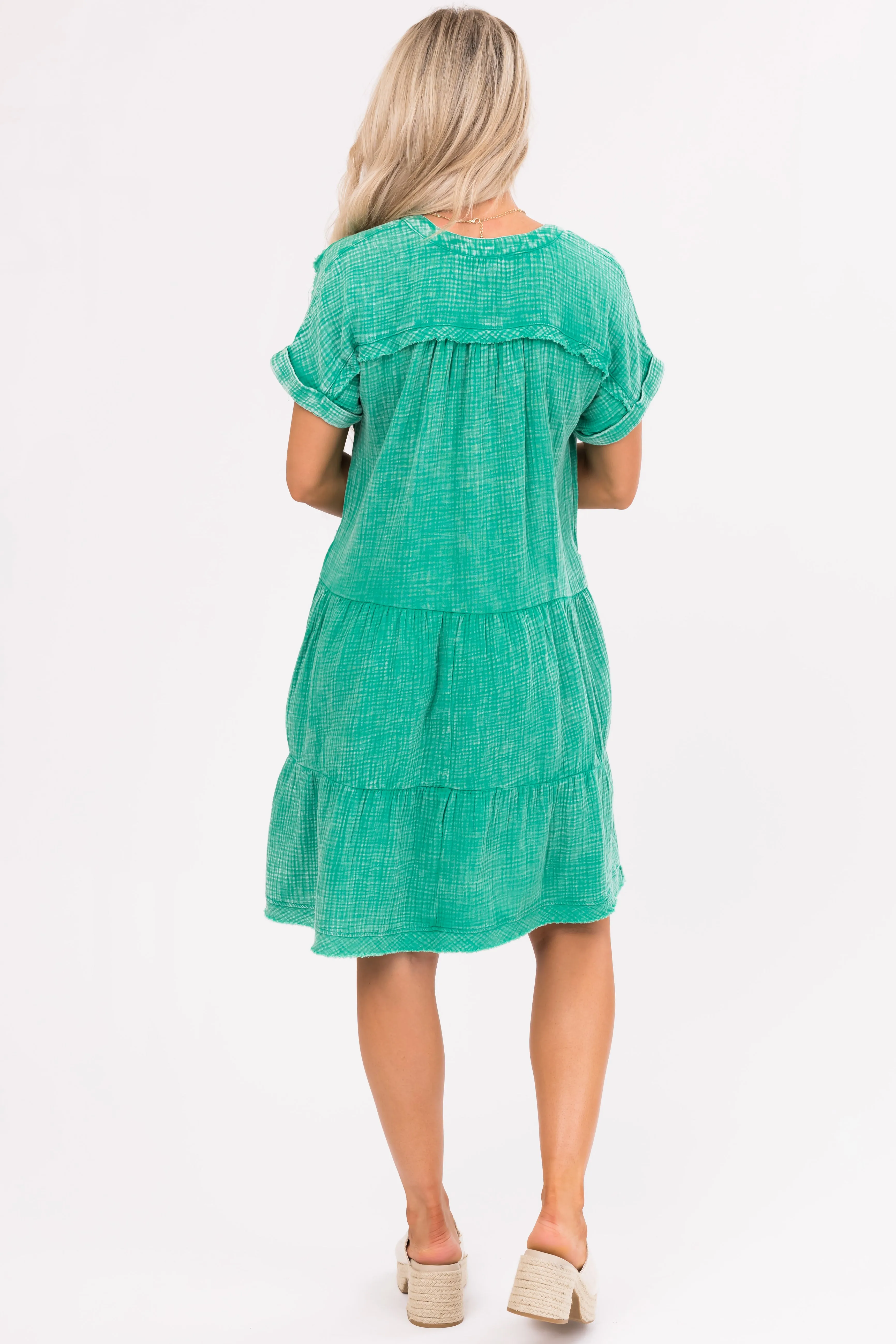 Kelly Green Washed Tiered V Neck Mini Dress