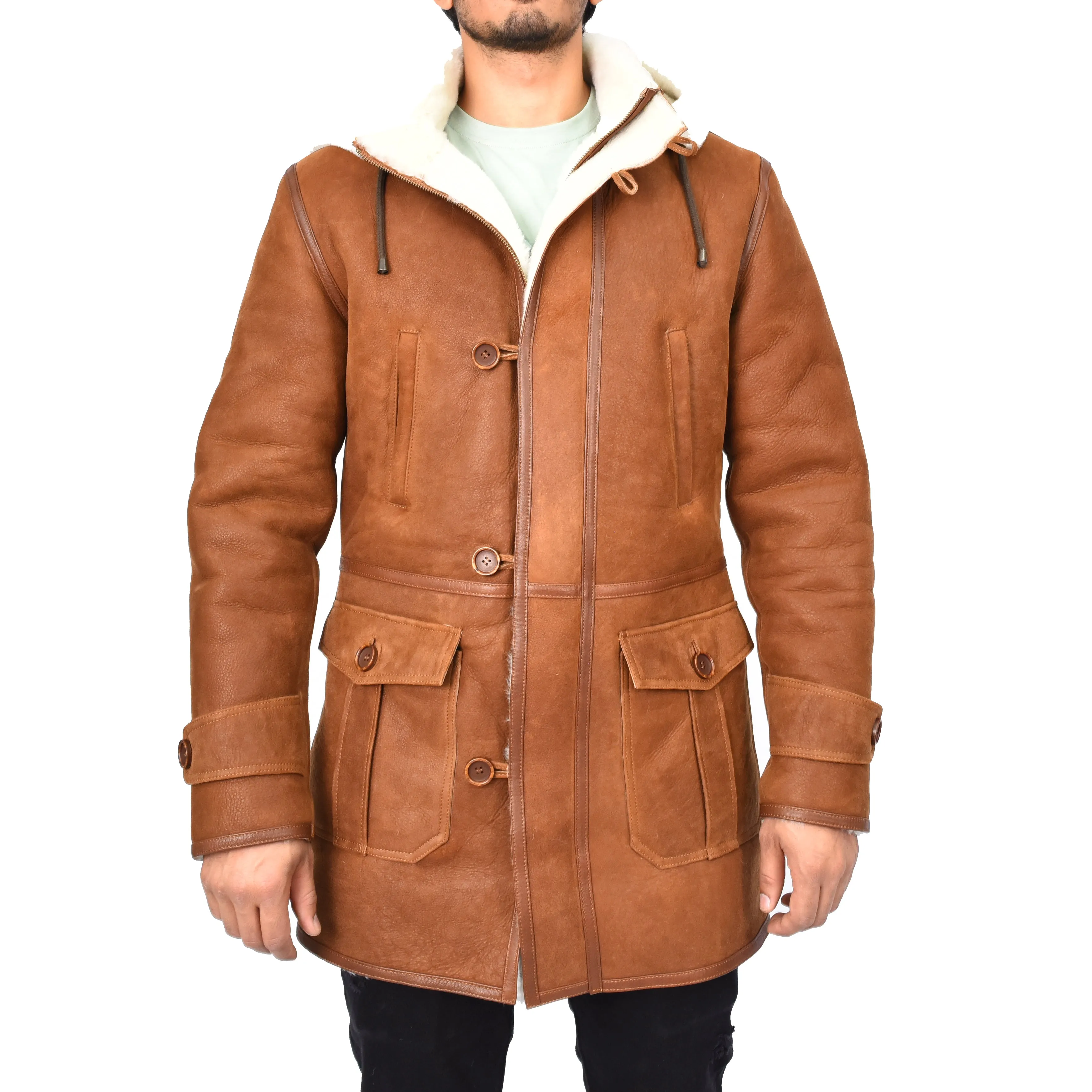 Men's 3/4 Length Real Sheepskin Duffle Coat Whiskey Arn