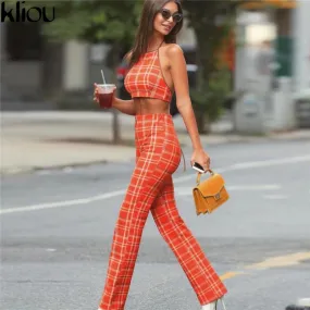 Orange Plaid Sexy Sleeveless Pants Set
