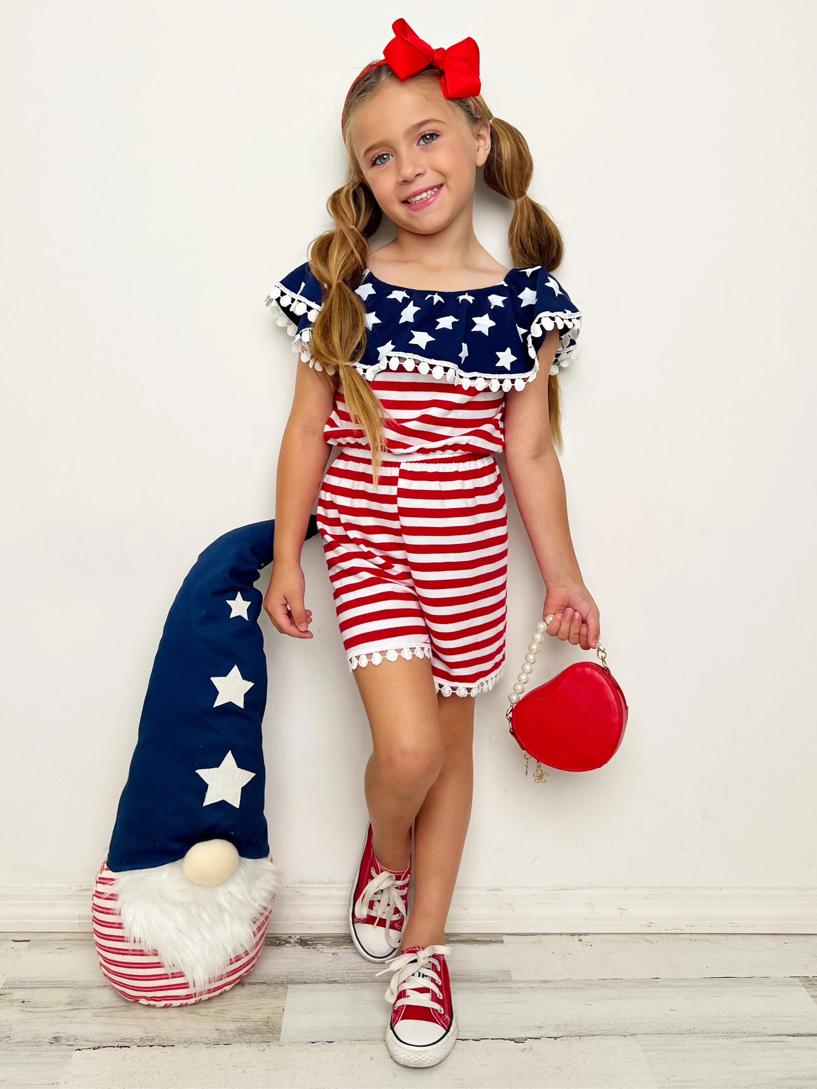 Patriotic Pom Pom Striped Romper