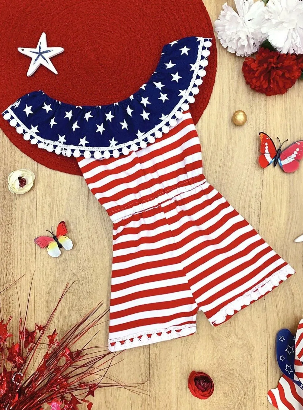 Patriotic Pom Pom Striped Romper