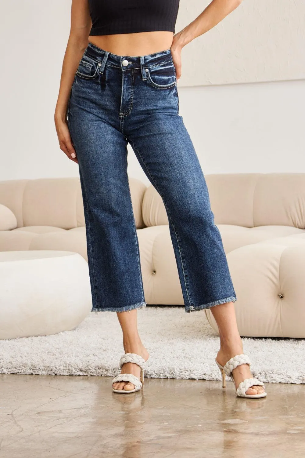 Plus Size Tummy Control High Waist Raw Hem Jeans Denim Pants