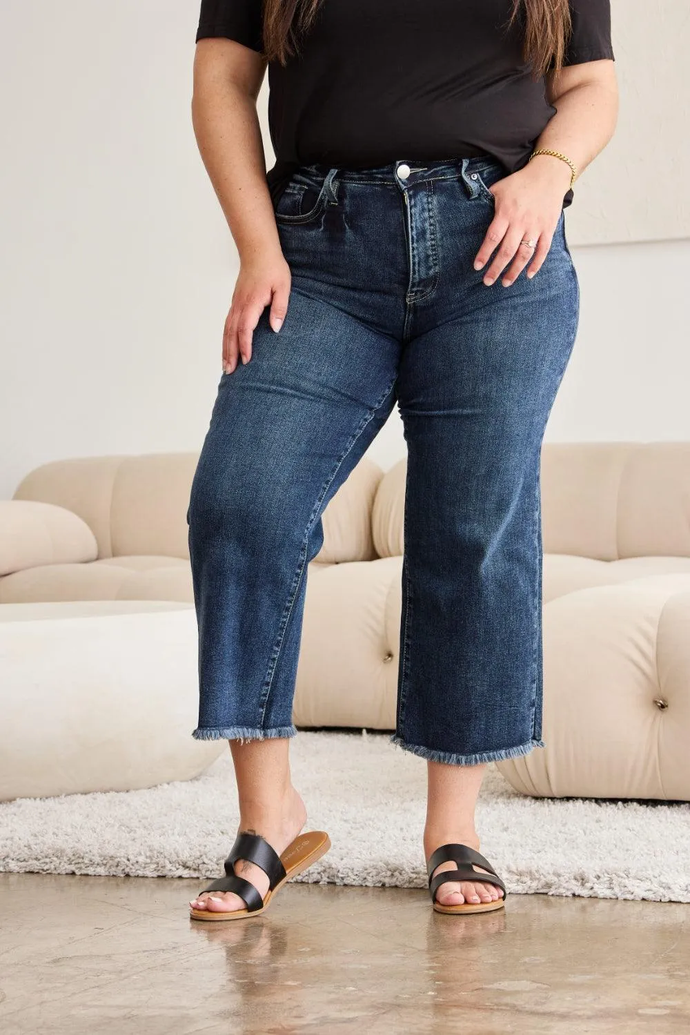 Plus Size Tummy Control High Waist Raw Hem Jeans Denim Pants