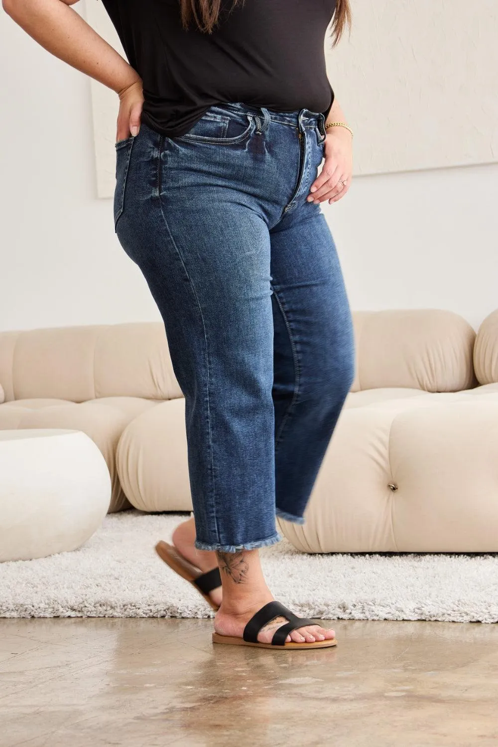 Plus Size Tummy Control High Waist Raw Hem Jeans Denim Pants