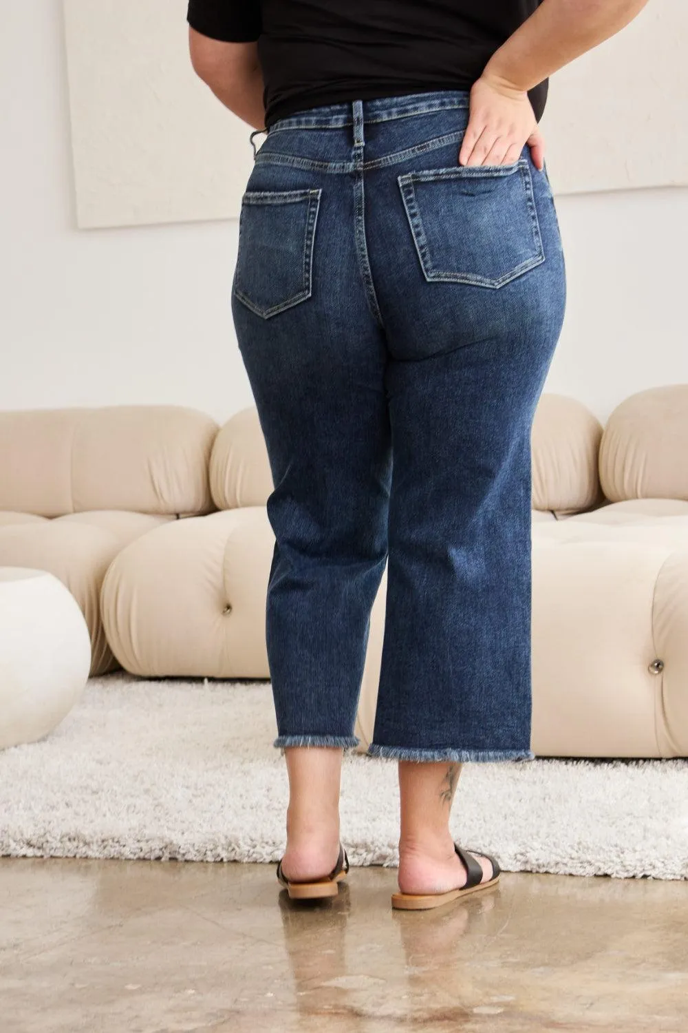 Plus Size Tummy Control High Waist Raw Hem Jeans Denim Pants