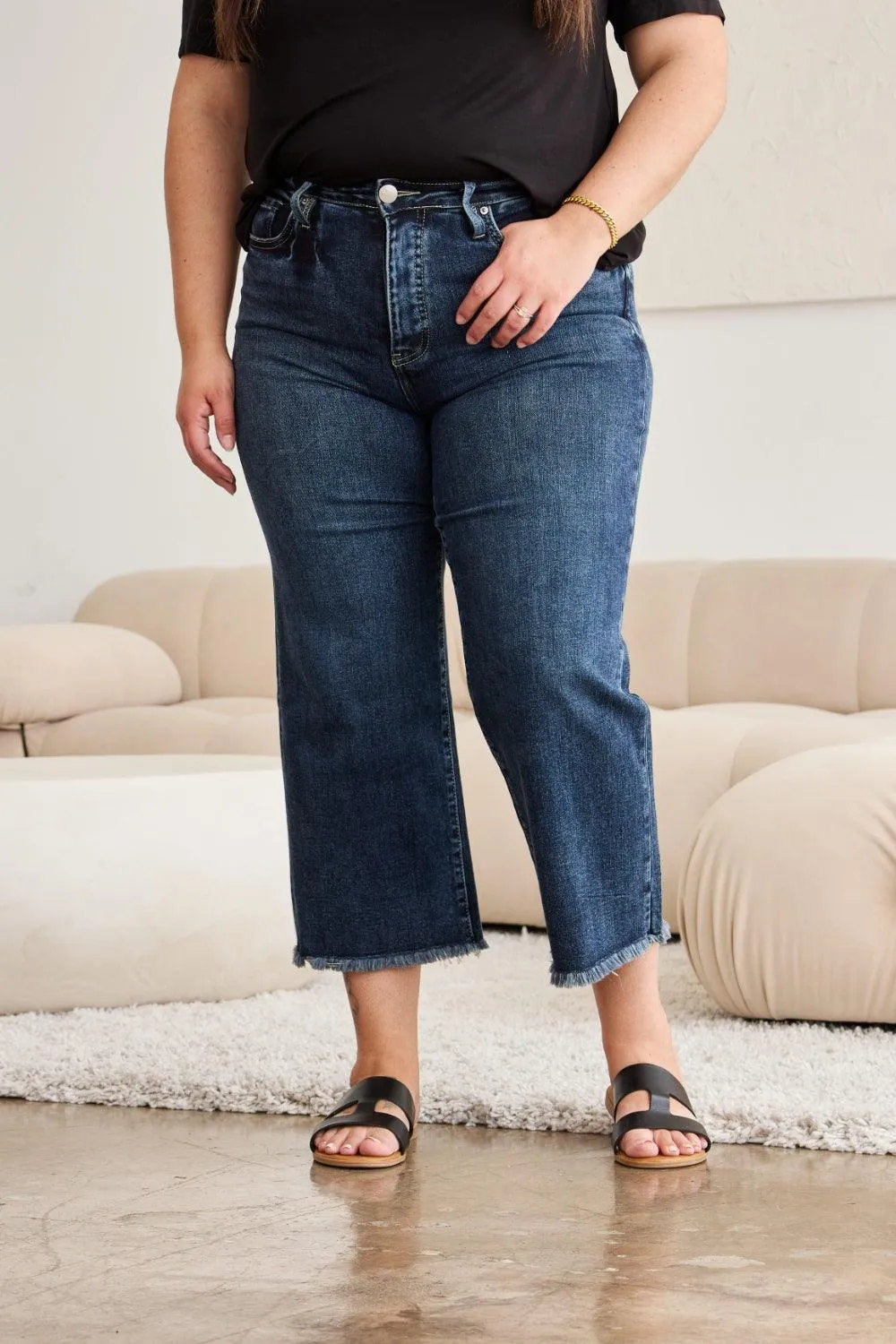 Plus Size Tummy Control High Waist Raw Hem Jeans Denim Pants