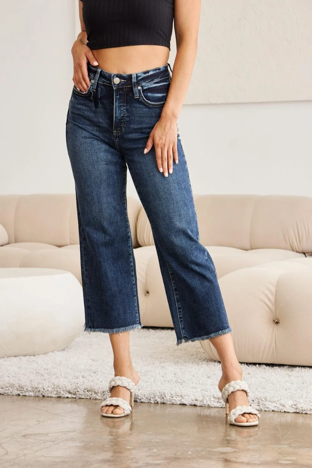 Plus Size Tummy Control High Waist Raw Hem Jeans Denim Pants