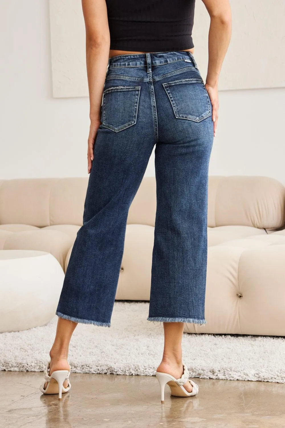 Plus Size Tummy Control High Waist Raw Hem Jeans Denim Pants