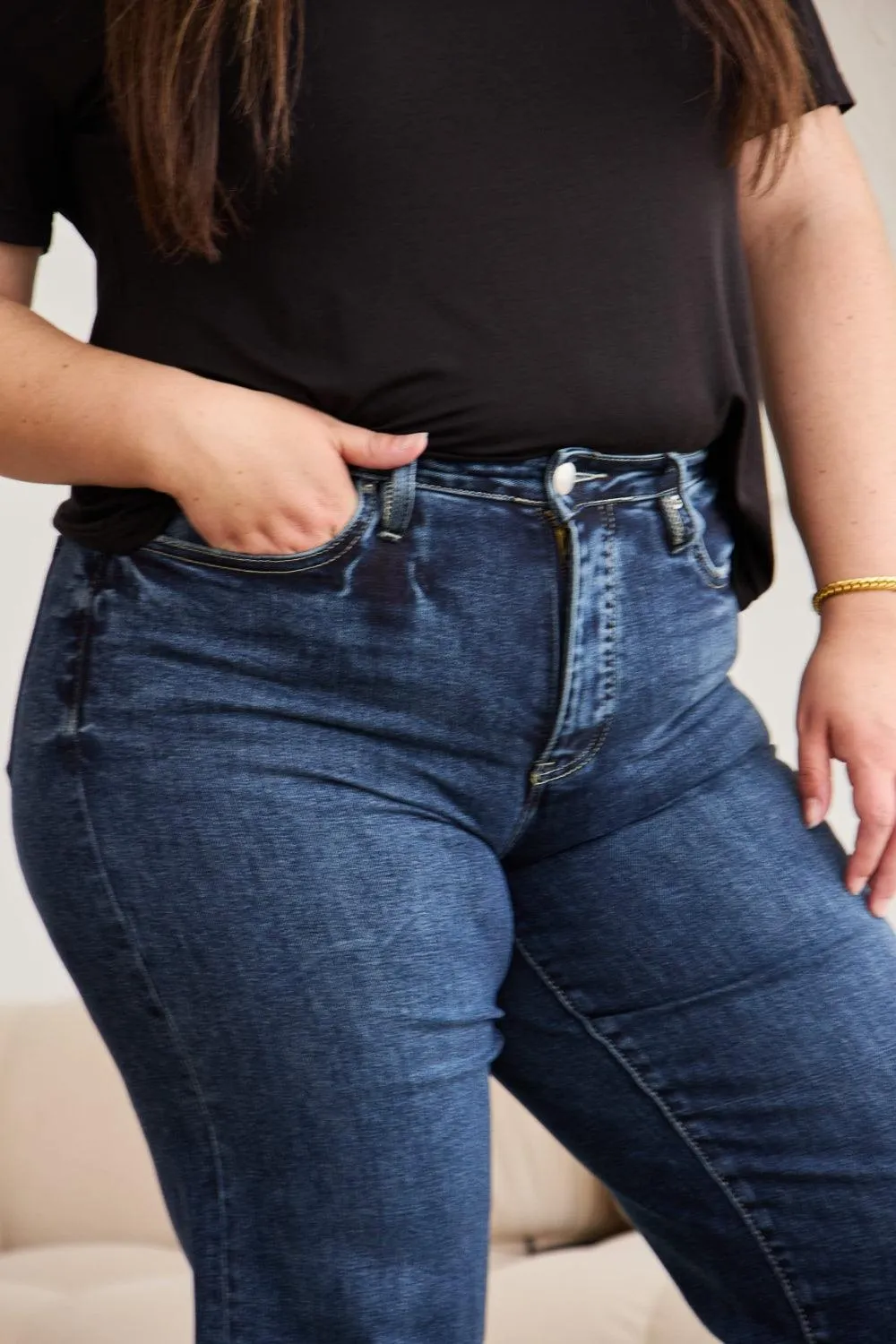 Plus Size Tummy Control High Waist Raw Hem Jeans Denim Pants