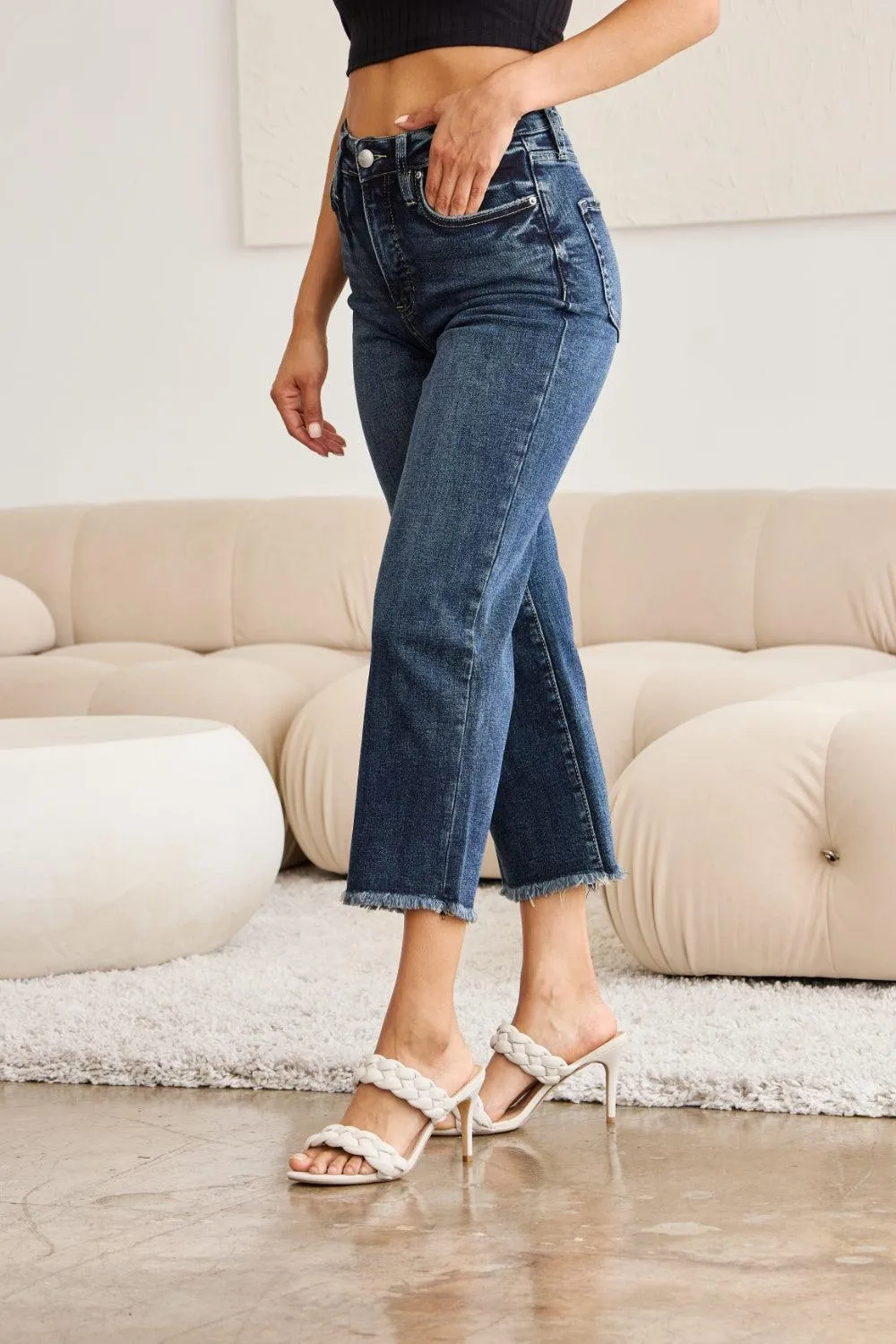 Plus Size Tummy Control High Waist Raw Hem Jeans Denim Pants